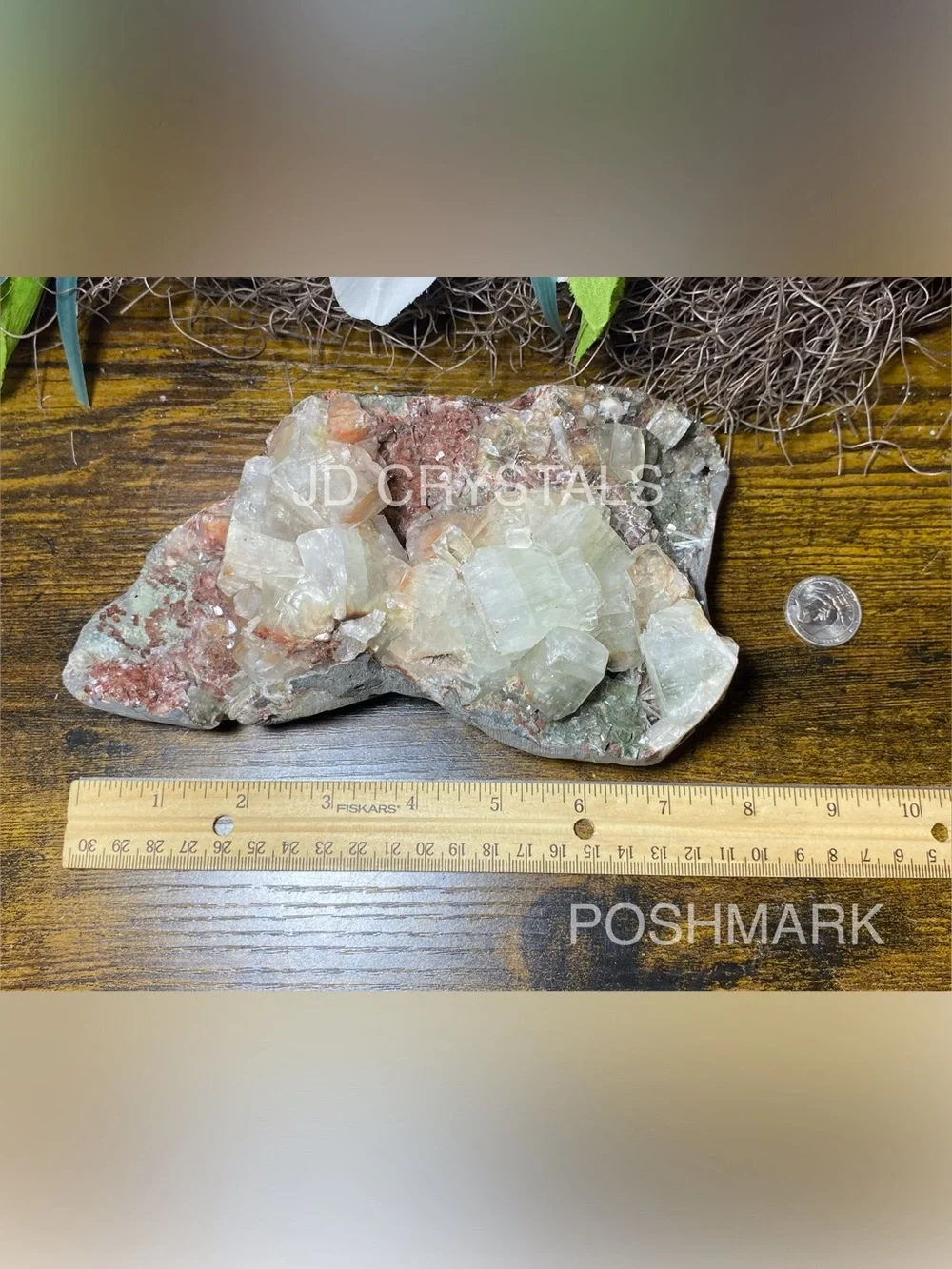 Green Apophyllite With Red Vanadinite On Matrix